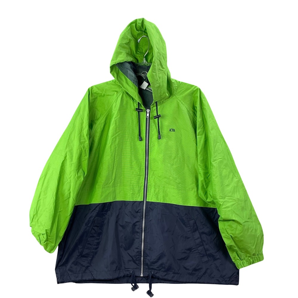 Actra Windbreaker Jacket Men XL Green Navy Vintage Color Block Hooded Mesh Lined